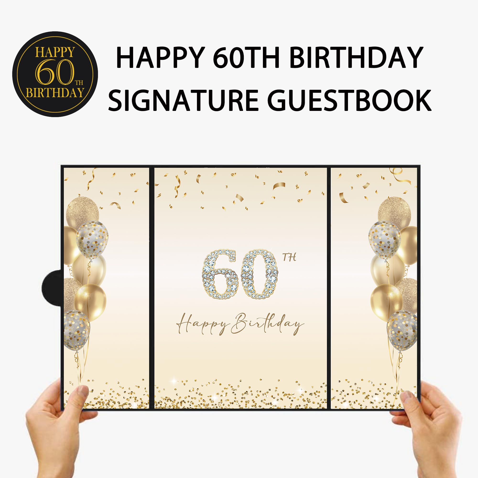 DARUNAXY Black Gold 60th Birthday Party Decorations, Happy 60th Birthday Alternative Signature Guest Book for Men Women Cheers to 60 Years Old Gifts 60 Birthday Signing Card Board Party Supplies