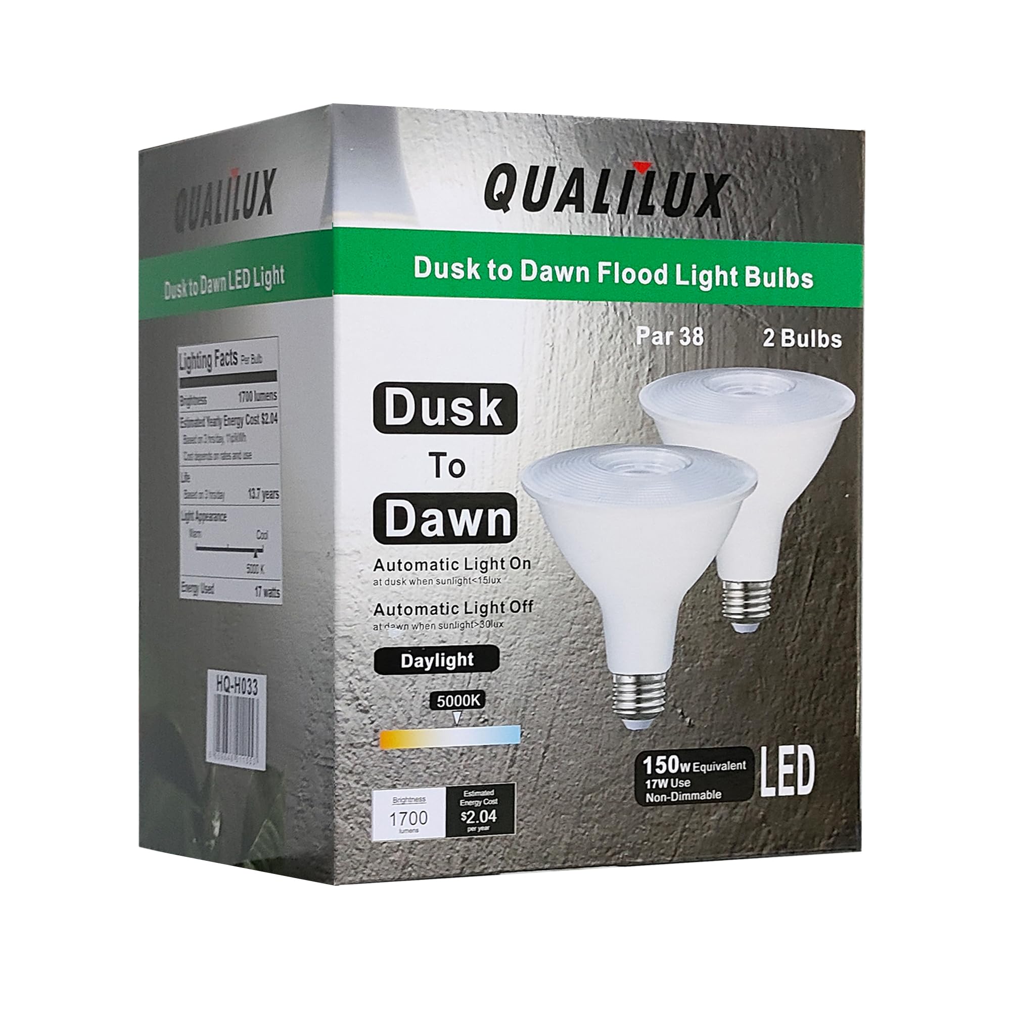 Qualilux Dusk to Dawn PAR38 LED Light Bulbs, Daylight 5000K, 150W Equivalent, 1700LM, Auto On/Off Light Sensor Bulb, E26, 17W 2 Pack, HQ-H033