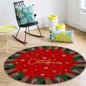 Christmas Round Area Rug 4ft Buffalo Plaid Christmas Trees Floor Carpets Washable Indoor Floor Area Mat Stain-Proof Mat Non-Skid Rugs for Living Room Dining Kitchen Bedroom Nursery, Snowflake