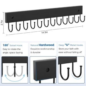 Belt Hanger Wall Mounted, Wooden Belt Organizer 2 Pack Max 24 Storage Capacity, 180° Rotating Space Saving Hangers for Ties, Tank Tops, Scarves, Bras, Keys, Bags Black