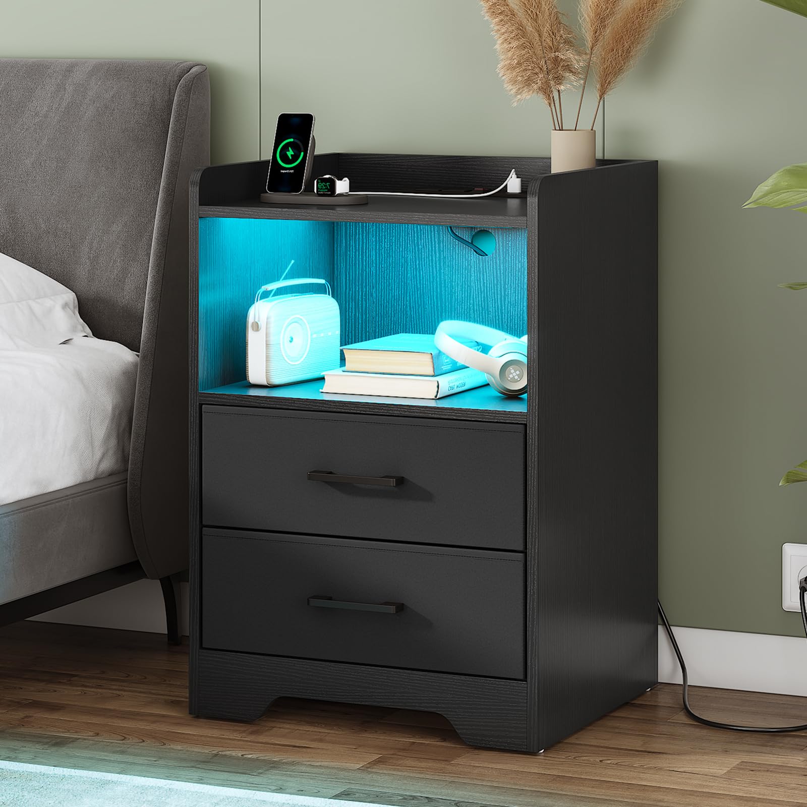 DICTAC Nightstands Set 2, LED Nightstand with Charging Station, End Side Table with USB Port, Bedside Table with 2 Fabric Drawers and Open Compartment for Bedroom, Black