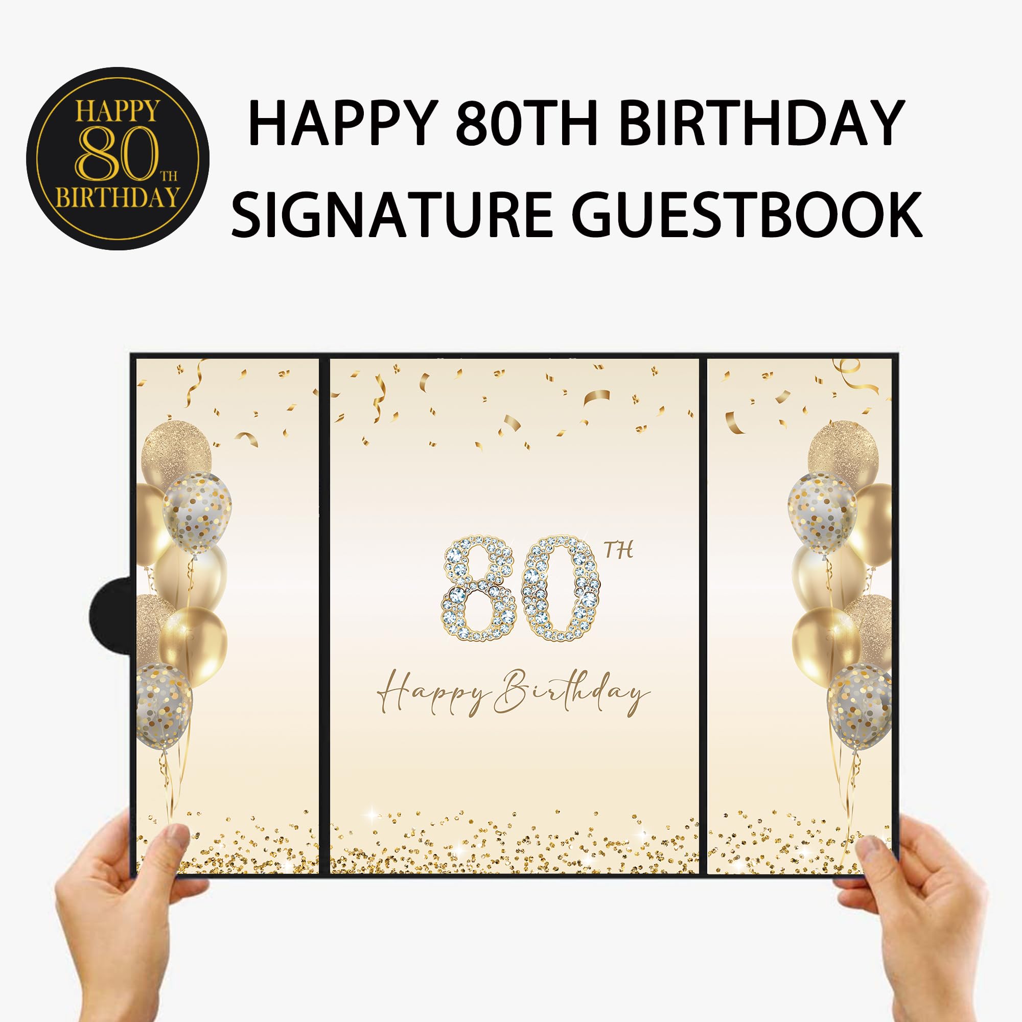 DARUNAXY Black Gold 80th Birthday Party Decorations, Happy 80th Birthday Alternative Signature Guest Book for Men Women Cheers to 80 Years Old Gifts 80 Birthday Signing Card Board Party Supplies