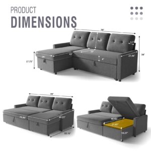 IULULU L Shaped Sectional Sofa, Convertible Sleeper with Pullout Bed, Storage Chaise, 2 in 1 Pull Out Couch for Living Room, Apartment, Grey