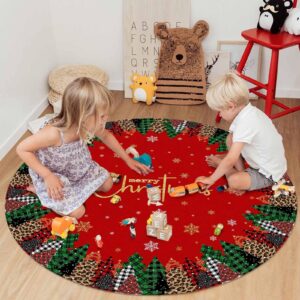 Christmas Round Area Rug 4ft Buffalo Plaid Christmas Trees Floor Carpets Washable Indoor Floor Area Mat Stain-Proof Mat Non-Skid Rugs for Living Room Dining Kitchen Bedroom Nursery, Snowflake