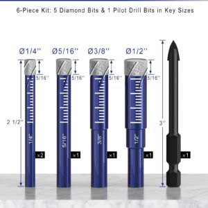 6 PCs Diamond Drill Bits Set for Porcelain, Ceramic, Glass & More - Versatile Tile Drill Bits for Efficient, Precise Drilling