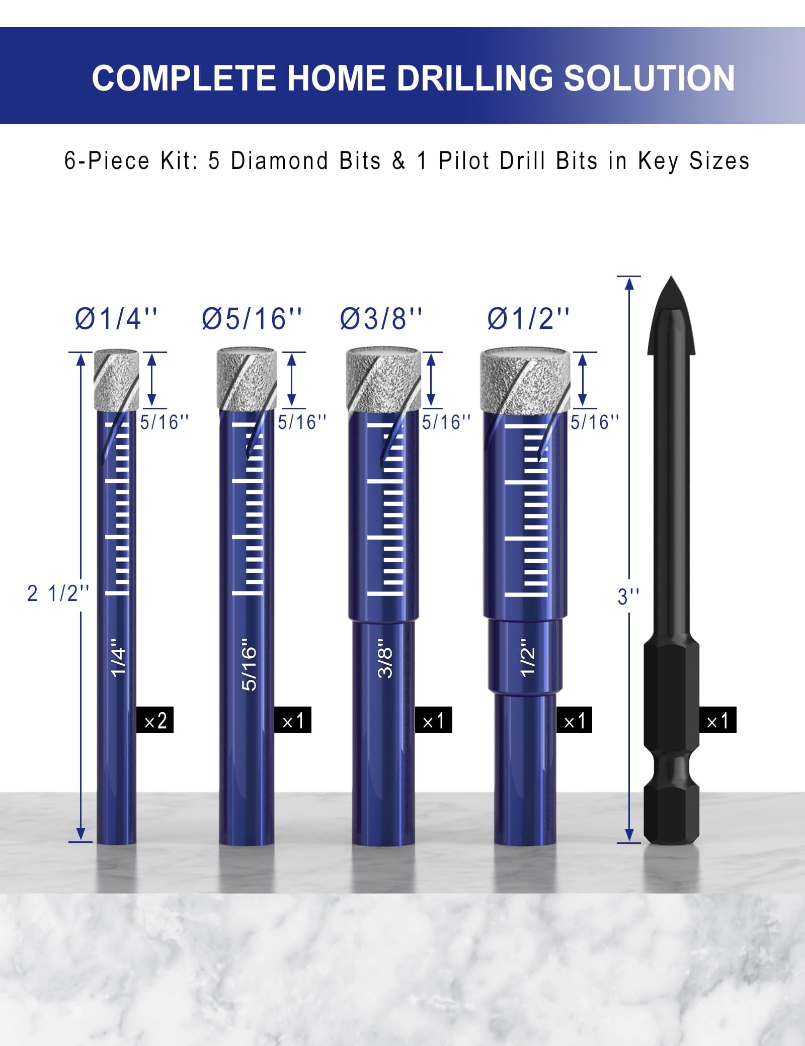 6 PCs Diamond Drill Bits Set for Porcelain, Ceramic, Glass & More - Versatile Tile Drill Bits for Efficient, Precise Drilling