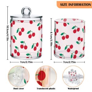 Takiito Cherry Print 2 Pack Qtip Holder Dispenser for Cotton Swabs, Cotton Ball, Pads, Floss, 10 oz Plastic Apothecary Jar Set with Lid, Bathroom Makeup Organizer