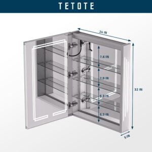 TETOTE Medicine Cabinet Bathroom LED Mirror 24x32 Inch 3 Colors Stepless Dimming Anti-Fog Memory Funtion Surface Recessed Wall Mounted Medicine Cabinets