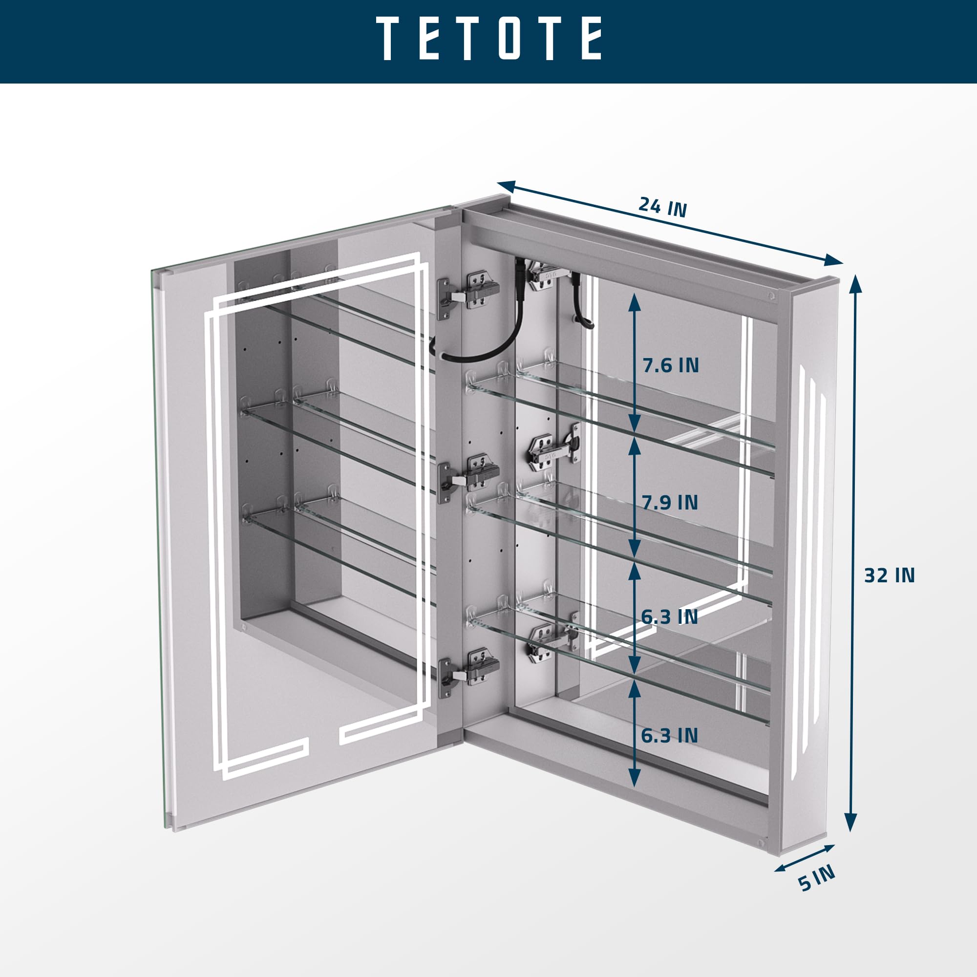 TETOTE Medicine Cabinet Bathroom LED Mirror 24x32 Inch 3 Colors Stepless Dimming Anti-Fog Memory Funtion Surface Recessed Wall Mounted Medicine Cabinets