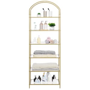 Homhedy 6-Tier Bookshelf Arched Display Racks, Metal Bookcase, Tempered Glass Shelves, Storage Rack Shelf for Home Office, Living Room, Bedroom, Bathroom, Modern Style, Golden