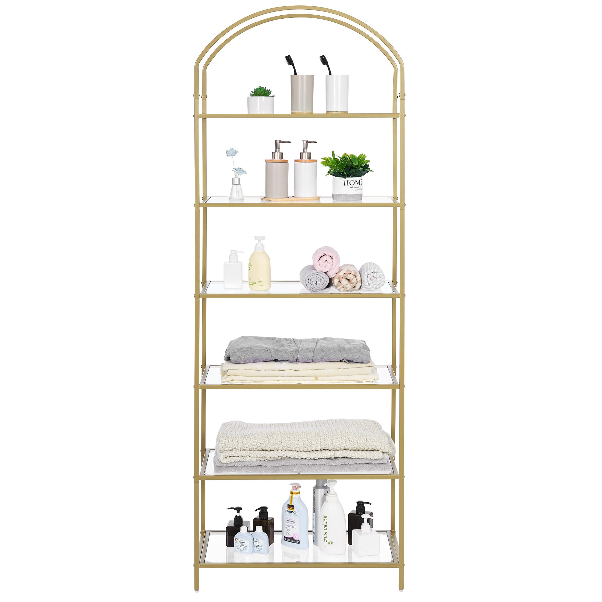 Homhedy 6-Tier Bookshelf Arched Display Racks, Metal Bookcase, Tempered Glass Shelves, Storage Rack Shelf for Home Office, Living Room, Bedroom, Bathroom, Modern Style, Golden