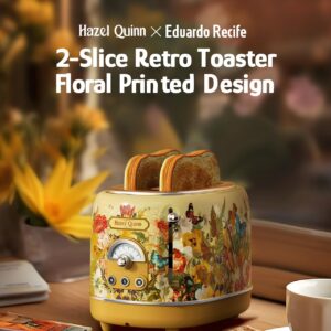 Hazel Quinn X Eduardo Recife Collaboration 2-Slice Retro Toaster, 6 Browning Levels, 3 Functions-Defrost/Reheat/Cancel, Removable Crumb Tray for Easy to Clean, 1.5 Inches Extra Wide Slots