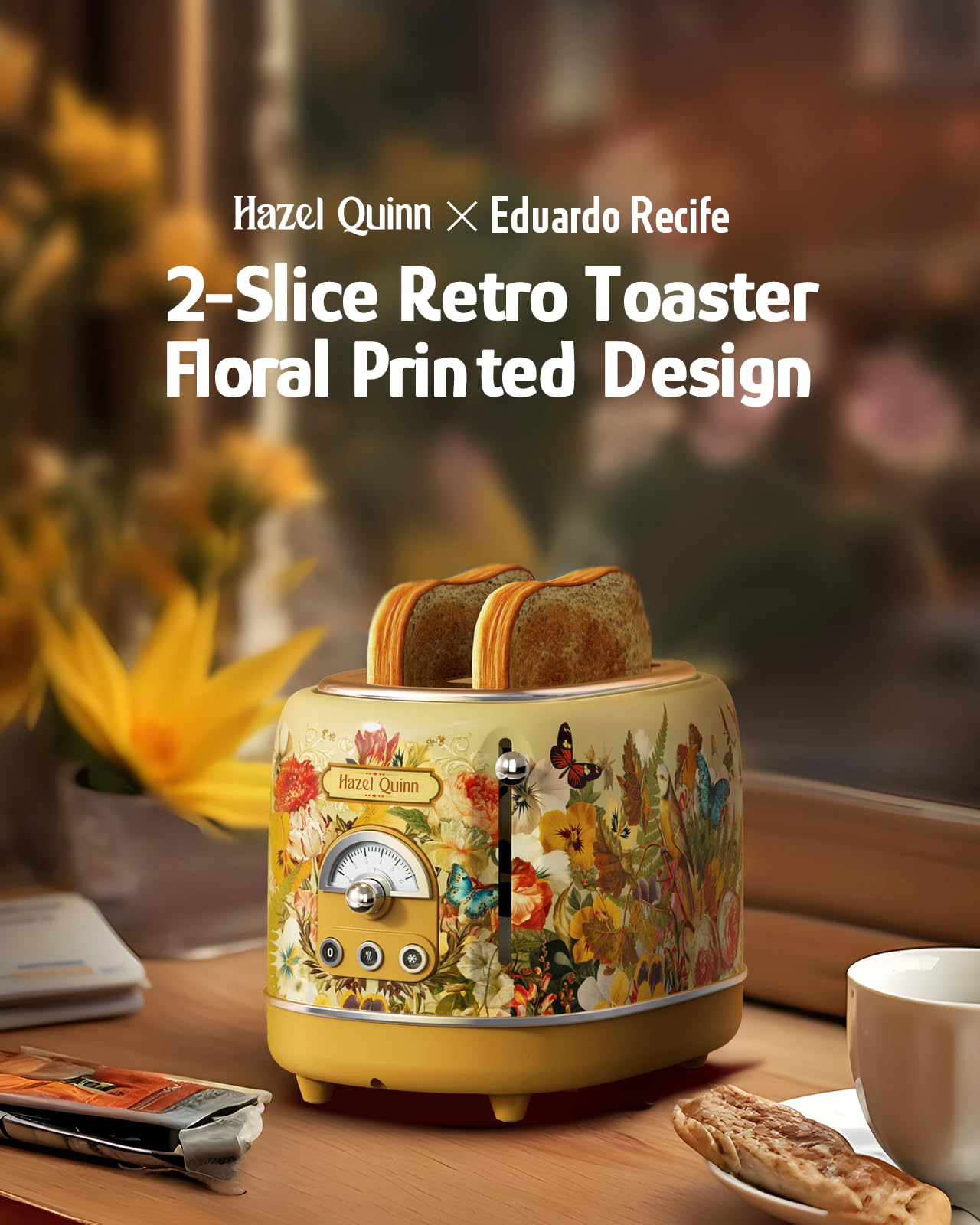 Hazel Quinn X Eduardo Recife Collaboration 2-Slice Retro Toaster, 6 Browning Levels, 3 Functions-Defrost/Reheat/Cancel, Removable Crumb Tray for Easy to Clean, 1.5 Inches Extra Wide Slots