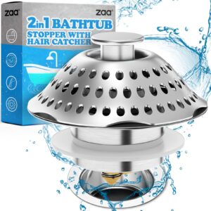 zaa bathtub drain stopper, 2in1 tub stopper bathtub drain cover and hair catcher, pop up bathtub drain plug, replaces bath tub lift & turn, tip-toe or trip lever, for 1.46-2" w drain hole, silver