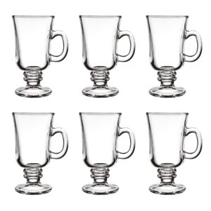 binsakao set of 6 irish coffee mugs, 8 oz glass footed espresso cups with handles, clear goblet mugs glasses for coffee, latte, cappuccino, smoothie, hot cold beverages