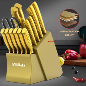 MOSFiATA Kitchen Knife Set, 17 Pcs Japanese Stainless Steel Knife Sets for Kitchen with Block with Knife Sharpening Rod, Dishwasher Safe, Gift Set,Titanium Plated Knife Block Set