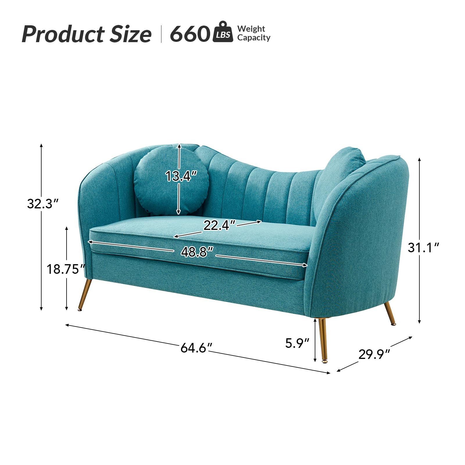 HULALA HOME Velvet Loveseat Sofa with 2 Pillows, Mid-Century Modern 2-Seat Sofa with Golden Legs for Bedroom, Comfy Upholstered Love Seat Couch, Teal