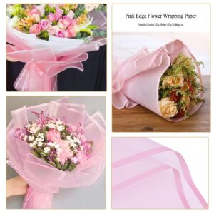 Gloreyan 20 Sheets Pink Flower Wrapping Paper, Florist Bouquet DIY Craft Fresh Flower Wrapping Paper with Pink Border Waterproof Floral Wrapping Gift Box Packaging Material Florist Supplies, 22.8*22.8