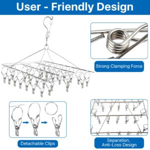 Akamino 4 Pcs Hanging Drying Rack,Stainless Steel Herb Drying Rack with 30 Stainless Clips,Collapsible Swivel Drying Rack Windproof Hook for Drying Herb Air Plants,Flowers,Towel,Bras,Lingerie, Sock
