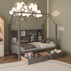 bocarali twin bed frame for kids, house bed with 2 drawers, platform bed with headboard and wood slats, montessori house bed with fence for boys girls, 74.4" l x 40.2" w x 71" h, gray