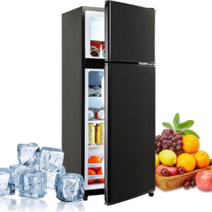 Fcicarn 3.5 Cu. Ft. Compact Refrigerator, Energy efficient mini fridge with freezer, double doors, 7-level thermostat for small spaces, Black