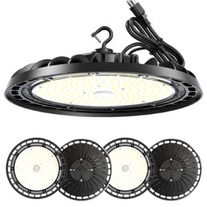 edisonpar led high bay light 150w prem 4-pack, 10' ufo commercial lighting fixture w/plug for garage shop warehouse workshop, 150w 5000k 21000lm dimmable ip65 ul etl listed (count of 4)