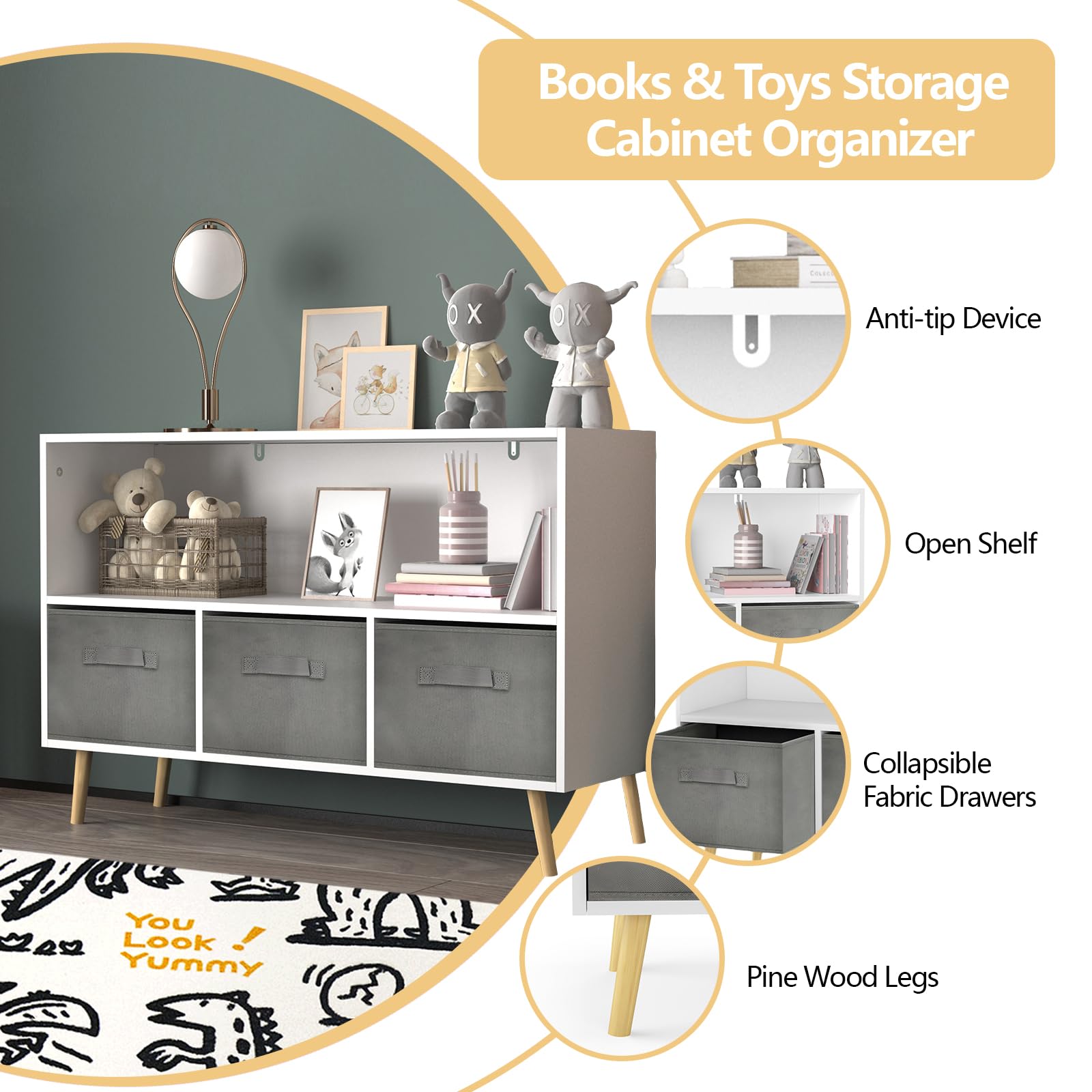 GOAWGO Kids Bookshelf Toy Storage Organizer with Collapsible Fabric Drawers, Wood Children Bookcase, Toy and Book Storage Display Organizer for Playroom,Bedroom, Nursery School (White+Gray)