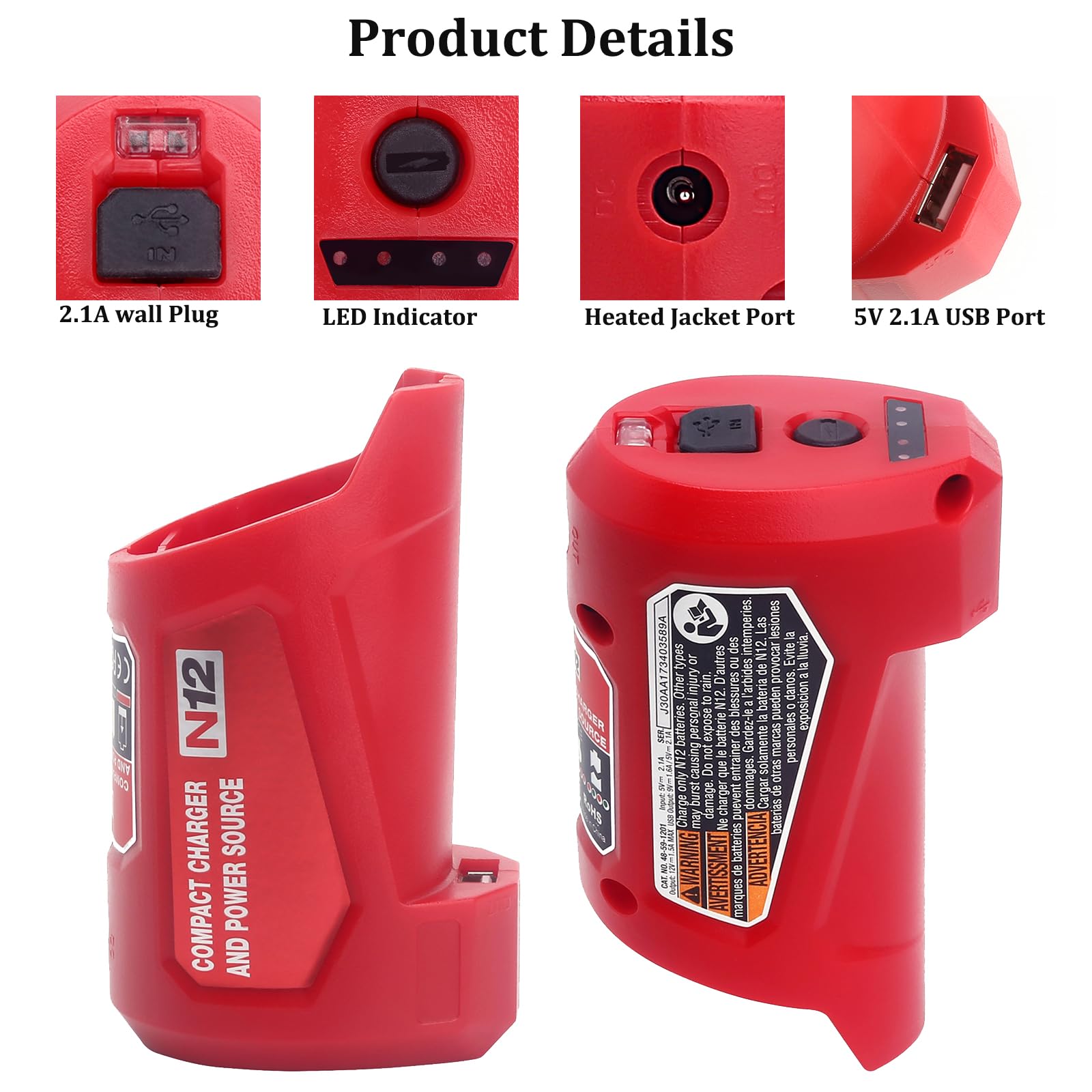 M-12 Battery Charger for Milwaukee M12 12V Heated Jacket, 48-59-1201 49-24-2310 USB Power Source Compatible with 48-11-2420 48-11-2411 48-11-2401 Lithium-ion Battery Charging Adapter