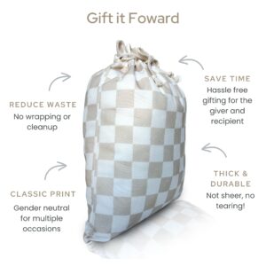 Gather & Knot Drawstring Gift Bags | 20" Large 12" Small | Premium Canvas | Reusable Fabric Wrap for All Occasions, Birthdays, Baby Shower | Gender Neutral Unisex | Checkers Taupe