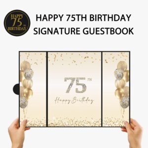 DARUNAXY Black Gold 75th Birthday Party Decorations, Happy 75th Birthday Alternative Signature Guest Book for Men Women Cheers to 75 Years Old Gifts 75 Birthday Signing Card Board Party Supplies