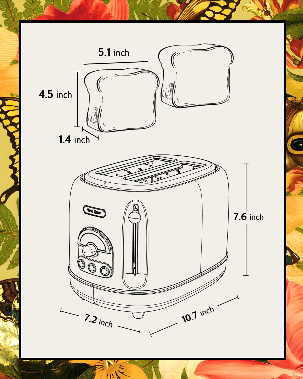 Hazel Quinn X Eduardo Recife Collaboration 2-Slice Retro Toaster, 6 Browning Levels, 3 Functions-Defrost/Reheat/Cancel, Removable Crumb Tray for Easy to Clean, 1.5 Inches Extra Wide Slots