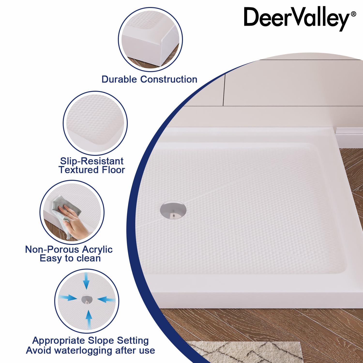 DeerValley DV-1SB0107 48"L X 30"W Shower Base in White with Single Threshold and Center Drain, Center Drain Location, Small Rectangle Acrylic Shower Pan, Non-slip Design