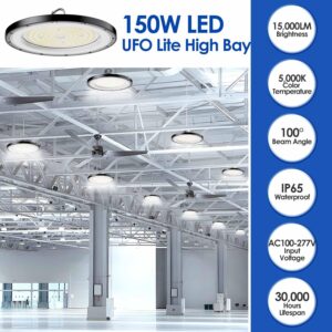 EdisonPar LED High Bay Light ECO 150W 10-Pack, 12' UFO Ceiling Lighting Fixture w/Plug for Garage Shop Warehouse Workshop 5000k 15000lm Non-dimmable IP65 (Count of 10 White)