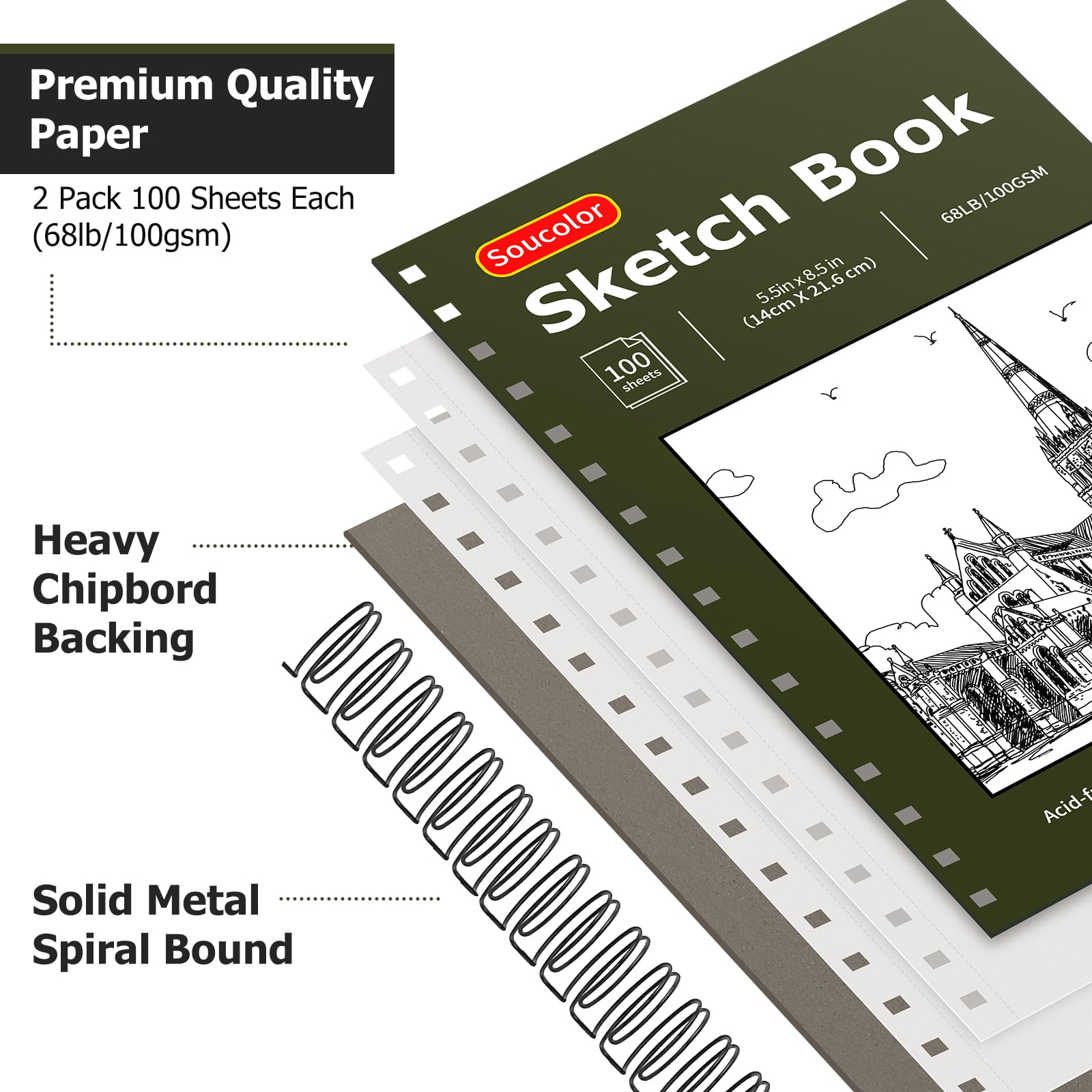 Soucolor 5.5" x 8.5" Sketchbook Pack of 2, 200 Sheets Sketch Book, Spiral Bound Sketch Pad Drawing Book Acid-Free Paper (68lb/100gsm), Painting Sketching Drawing Art Supplies for Adults Kids Teens