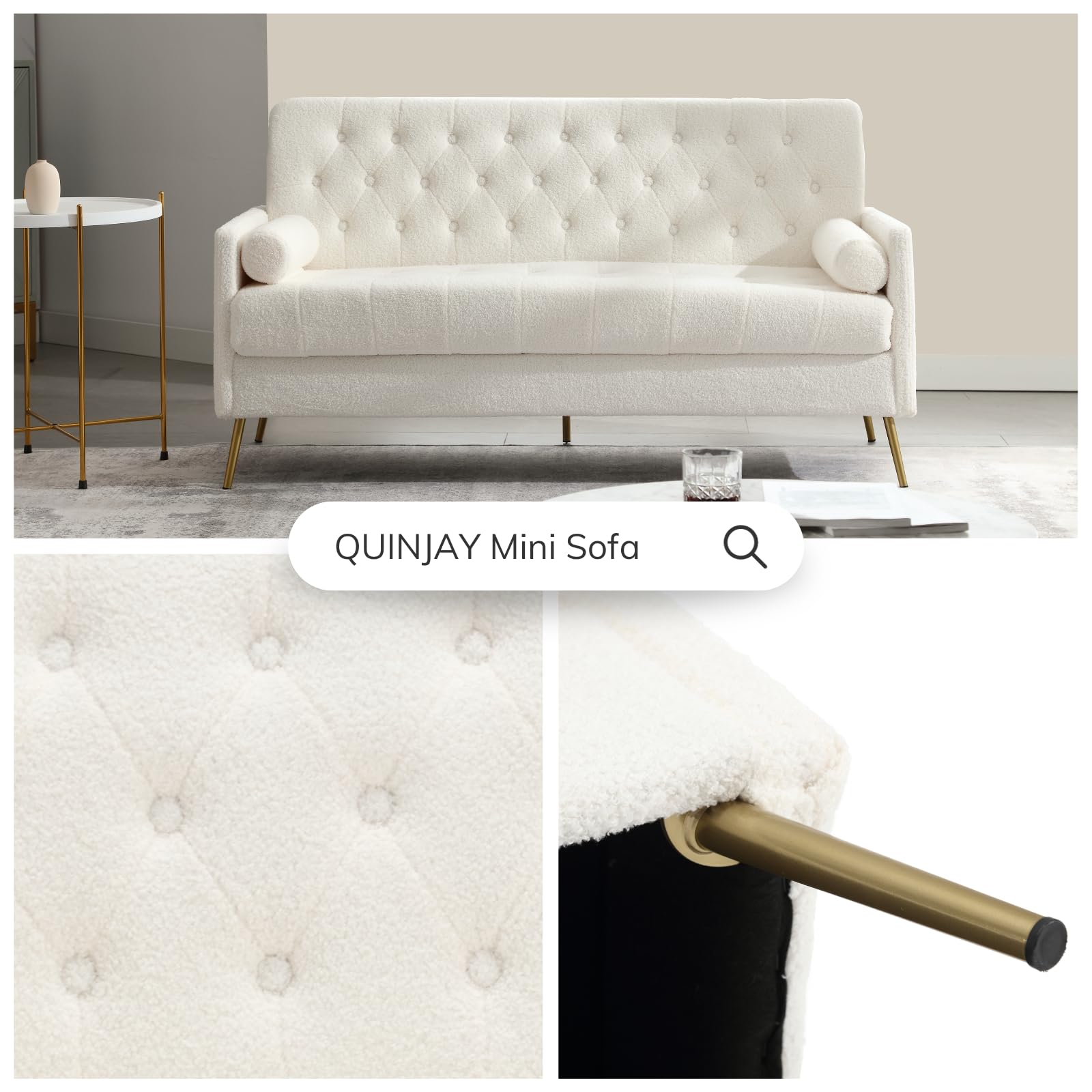 QUINJAY 60'' Small Loveseat Sofa, Modern Button Tufted Sherpa Mini Sofa Couch 2-Seater Fluffy Love Seat with Throw Pillows and Arms Comfy Boucle Loveseat for Living Room, Bedroom, Small Space, White