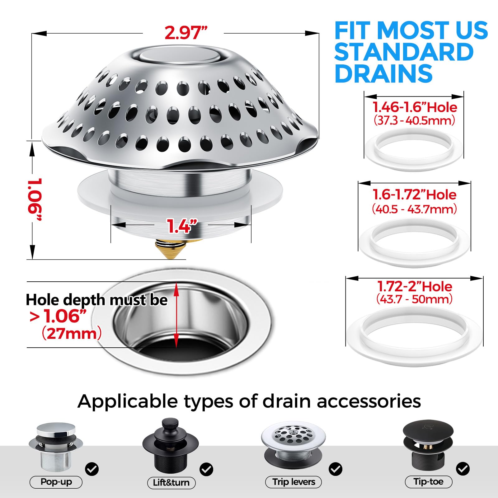 zaa Bathtub Drain Stopper, 2in1 Tub Stopper Bathtub Drain Cover and Hair Catcher, Pop Up Bathtub Drain Plug, Replaces Bath Tub Lift & Turn, Tip-Toe or Trip Lever, for 1.46-2" W Drain Hole, Silver