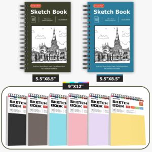 Soucolor 5.5" x 8.5" Sketchbook Pack of 2, 200 Sheets Sketch Book, Spiral Bound Sketch Pad Drawing Book Acid-Free Paper (68lb/100gsm), Painting Sketching Drawing Art Supplies for Adults Kids Teens