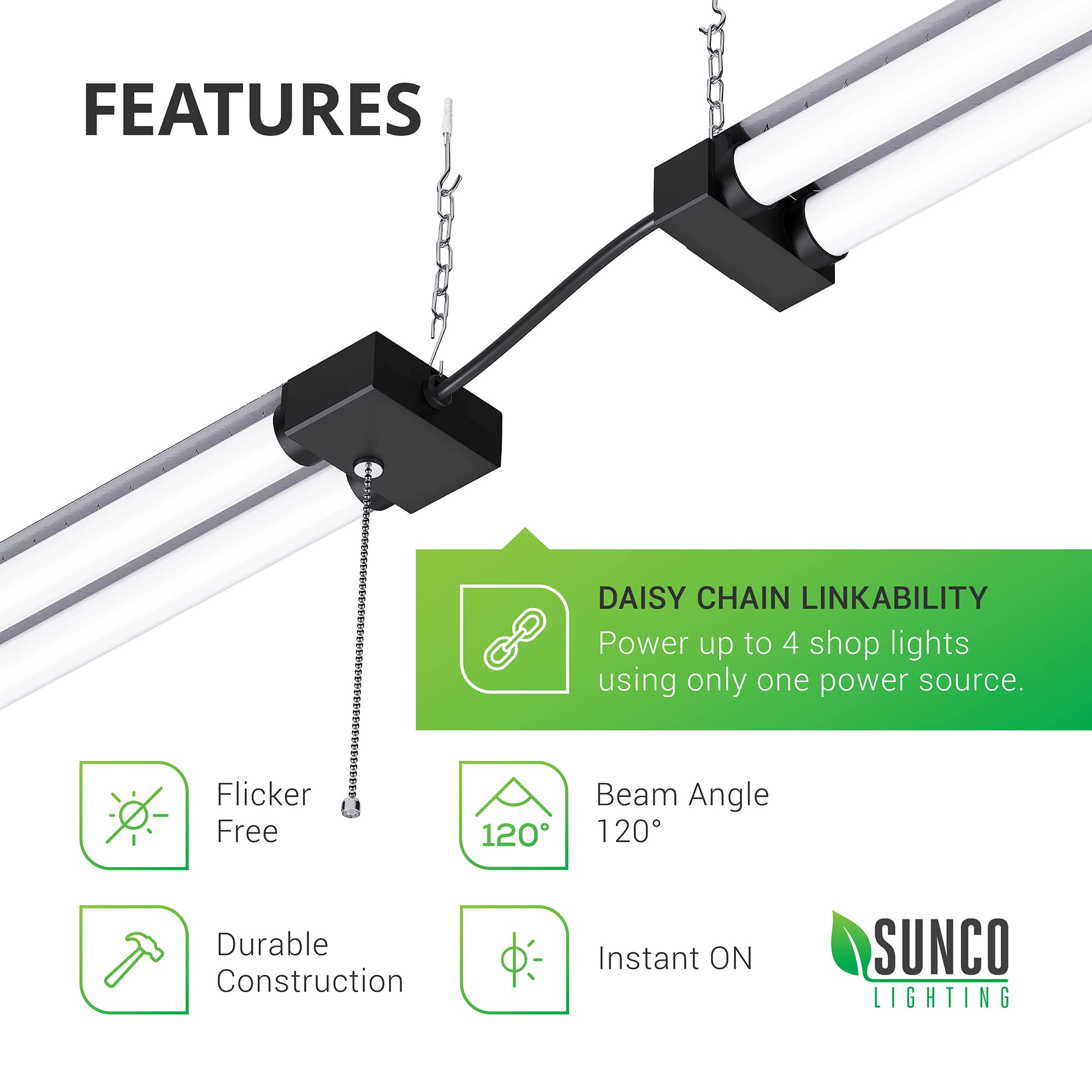 Sunco Lighting 32 Pack Shop Lights LED 4ft Plug in Linkable Workshop Fixture, 4100 LM, Link Up to 4, 5FT Power Cable, Surface or Suspension Mount, 40W, 6000K Daylight Deluxe, 48 Inch, Frosted ETL