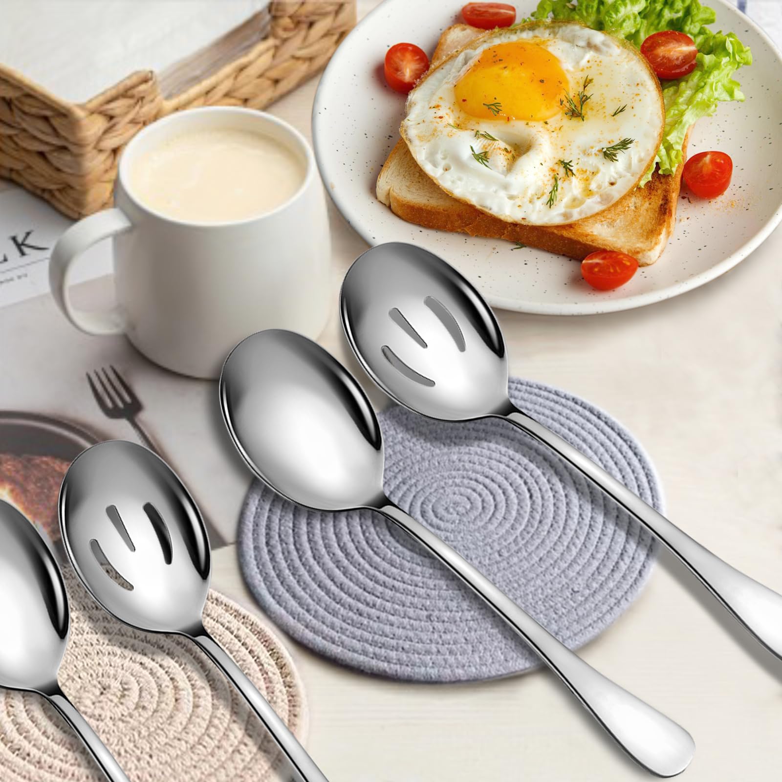 Large Serving Spoons, 4 Pieces Large Stainless Steel Serving Spoons Set Includes 2 Large Serving Spoon,2 Large Slotted Spoons. Serving Spoons for Parties, Dishwasher Safe, 10-Inch