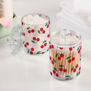 Takiito Cherry Print 2 Pack Qtip Holder Dispenser for Cotton Swabs, Cotton Ball, Pads, Floss, 10 oz Plastic Apothecary Jar Set with Lid, Bathroom Makeup Organizer