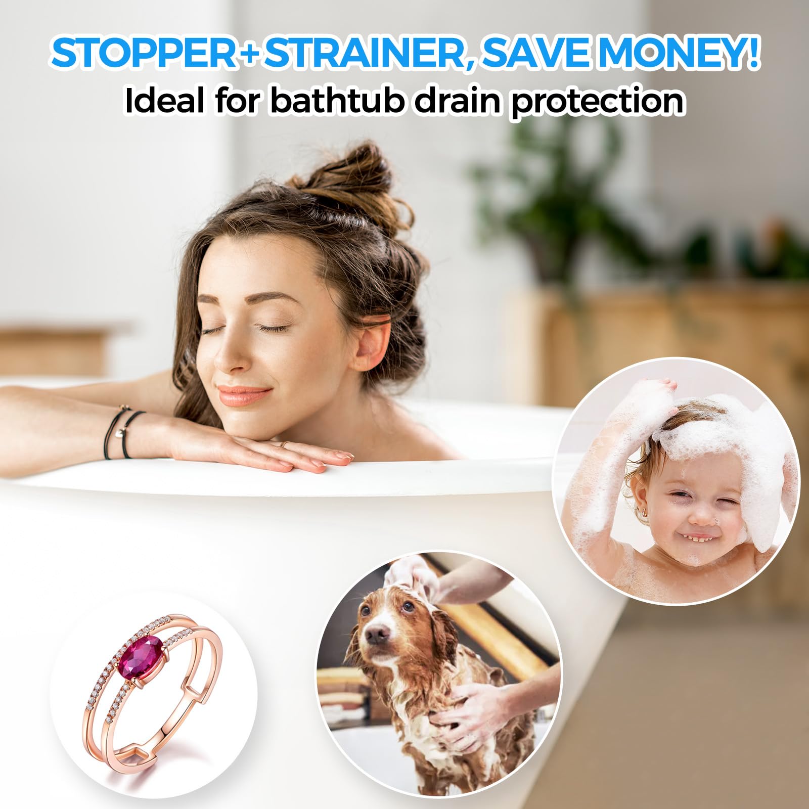 zaa Bathtub Drain Stopper, 2in1 Tub Stopper Bathtub Drain Cover and Hair Catcher, Pop Up Bathtub Drain Plug, Replaces Bath Tub Lift & Turn, Tip-Toe or Trip Lever, for 1.46-2" W Drain Hole, Silver