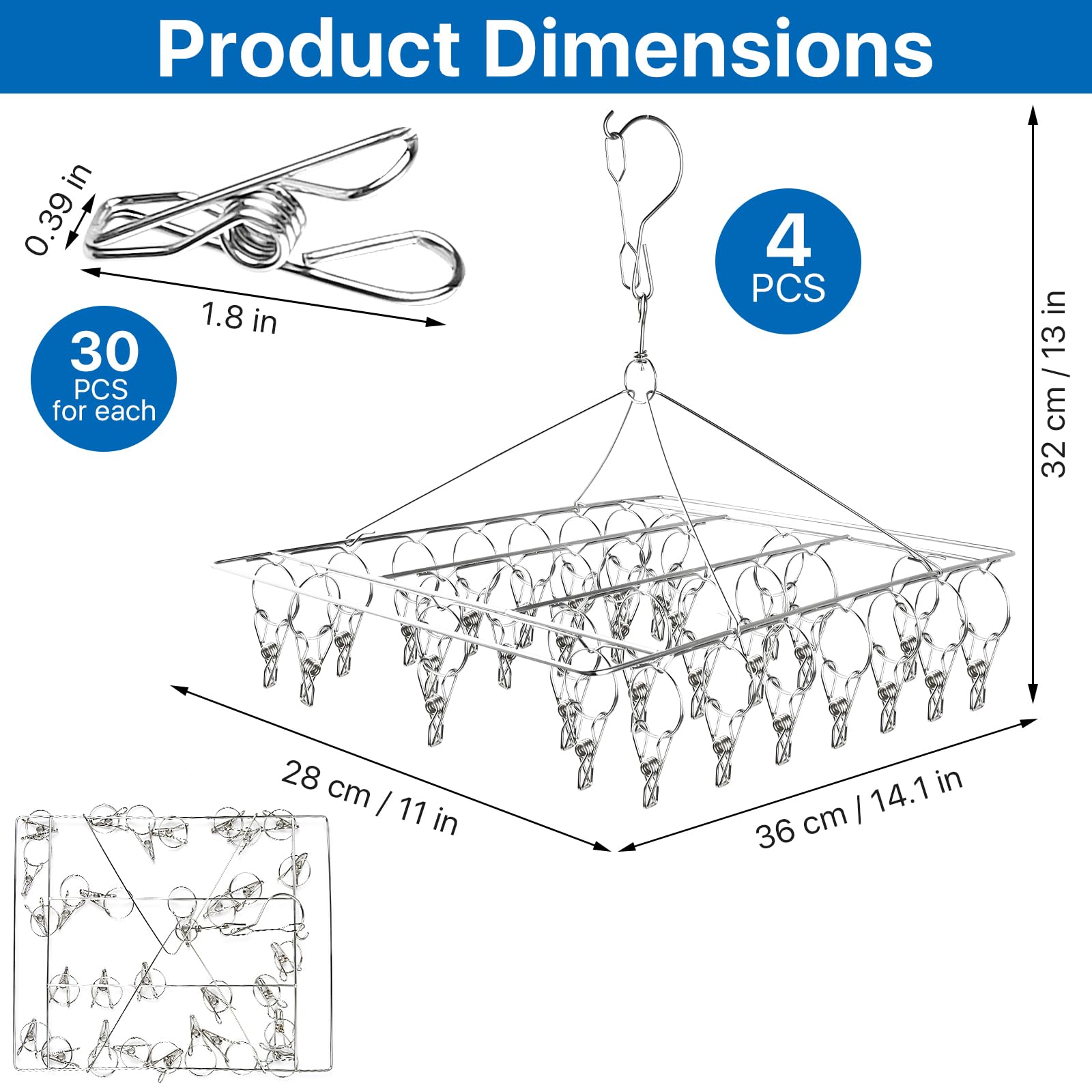 Akamino 4 Pcs Hanging Drying Rack,Stainless Steel Herb Drying Rack with 30 Stainless Clips,Collapsible Swivel Drying Rack Windproof Hook for Drying Herb Air Plants,Flowers,Towel,Bras,Lingerie, Sock