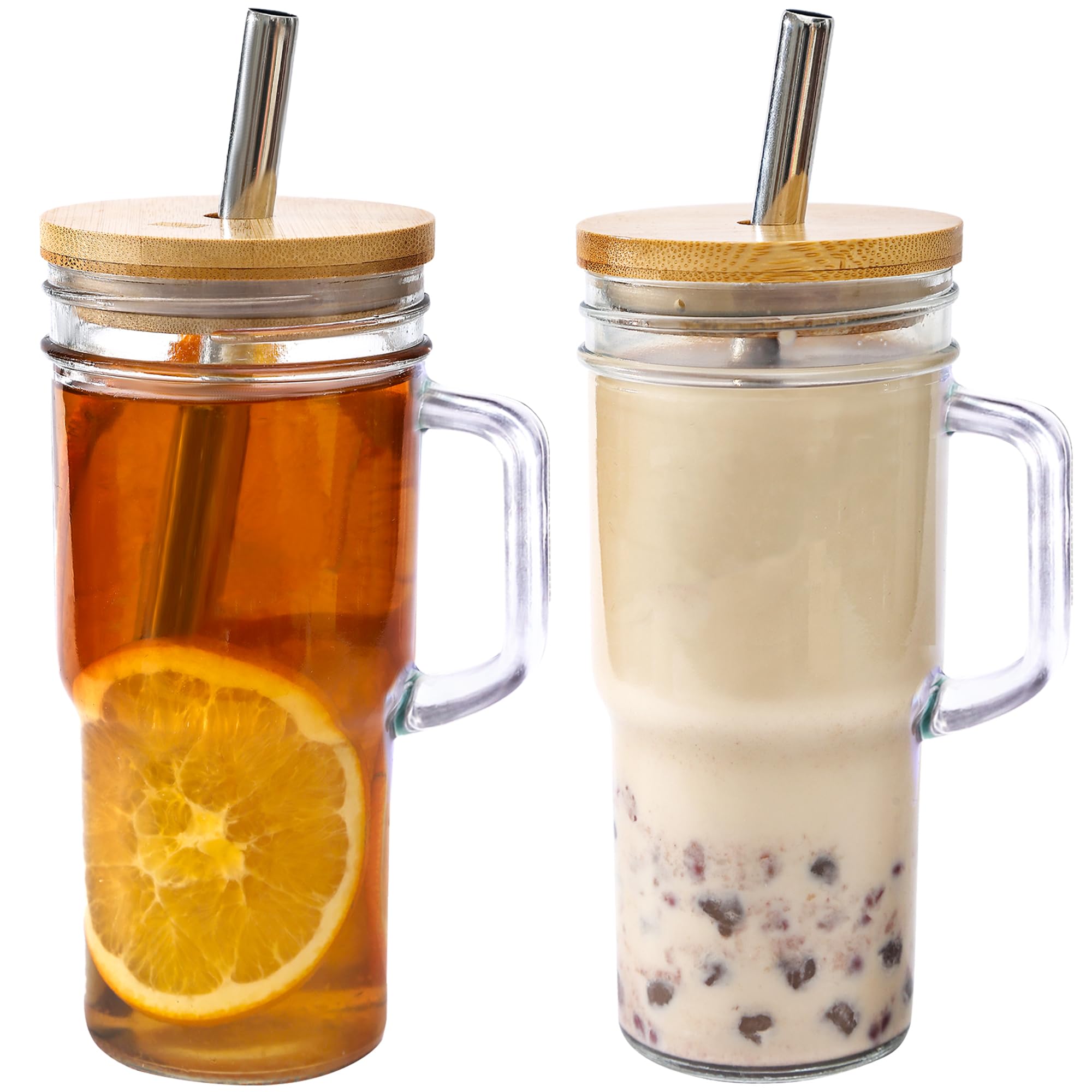 24oz Glass Cup with handle - glass cup with bamboo lids and straw 2pack