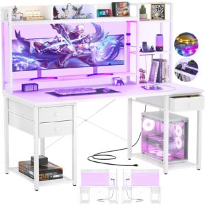 aheaplus desk with led and outlets, gaming desk with hutch, 55.2'' computer desk with drawers, reversible office desk with storage bookshelf large workstation desk with shelf, desk for home, white