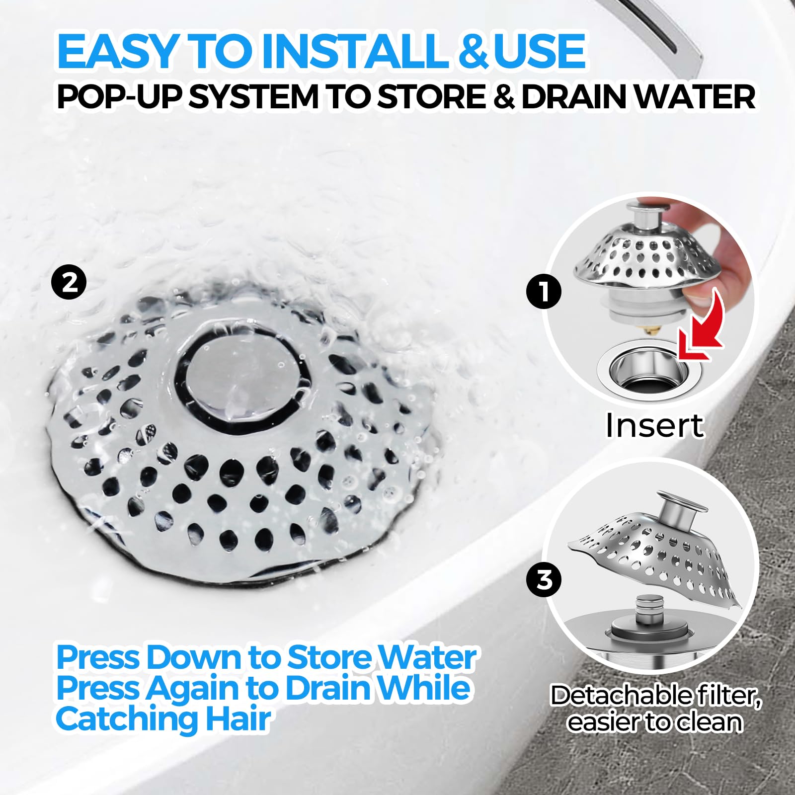 zaa Bathtub Drain Stopper, 2in1 Tub Stopper Bathtub Drain Cover and Hair Catcher, Pop Up Bathtub Drain Plug, Replaces Bath Tub Lift & Turn, Tip-Toe or Trip Lever, for 1.46-2" W Drain Hole, Silver