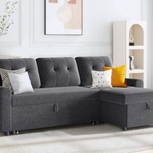 IULULU L Shaped Sectional Sofa, Convertible Sleeper with Pullout Bed, Storage Chaise, 2 in 1 Pull Out Couch for Living Room, Apartment, Grey