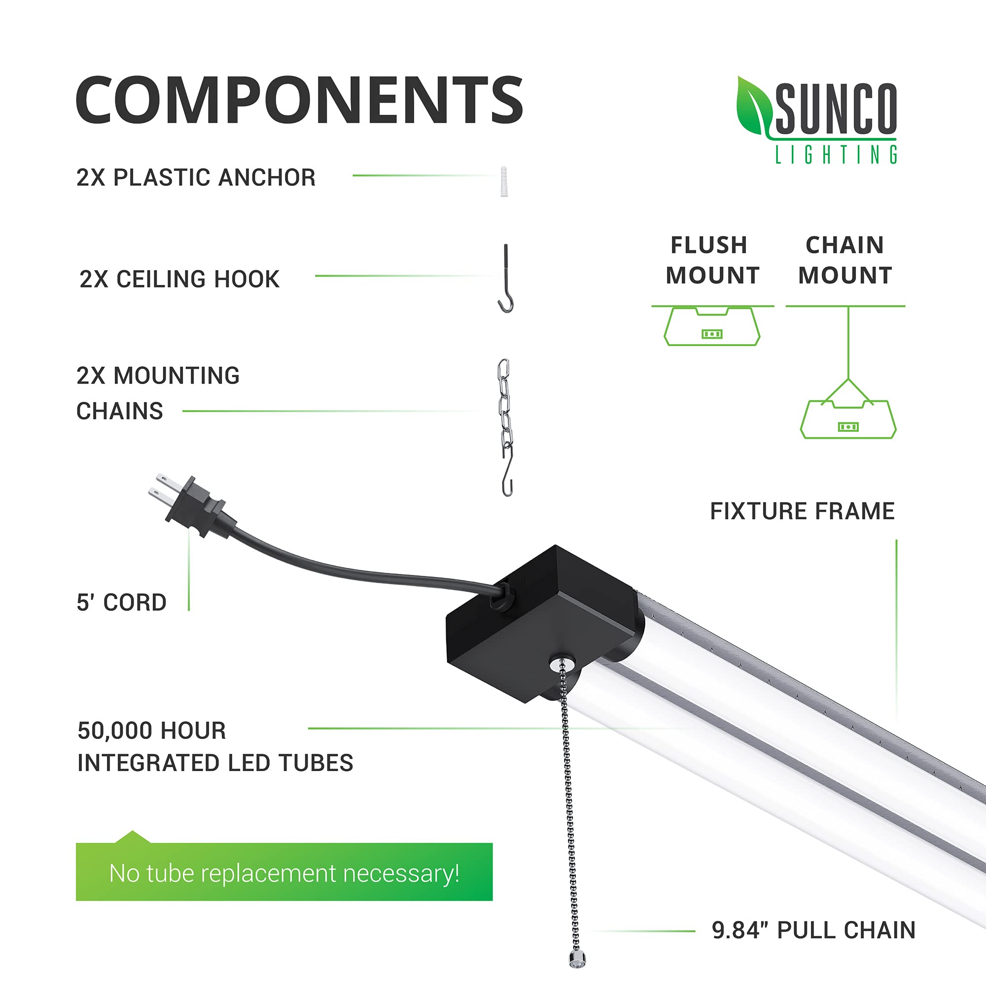 Sunco Lighting 32 Pack Shop Lights LED 4ft Plug in Linkable Workshop Fixture, 4100 LM, Link Up to 4, 5FT Power Cable, Surface or Suspension Mount, 40W, 6000K Daylight Deluxe, 48 Inch, Frosted ETL