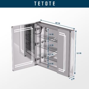 TETOTE Medicine Cabinet Bathroom LED Mirror 30x32 Inch 3 Colors Stepless Dimming Anti-Fog Memory Funtion Surface Recessed Wall Mounted Medicine Cabinets