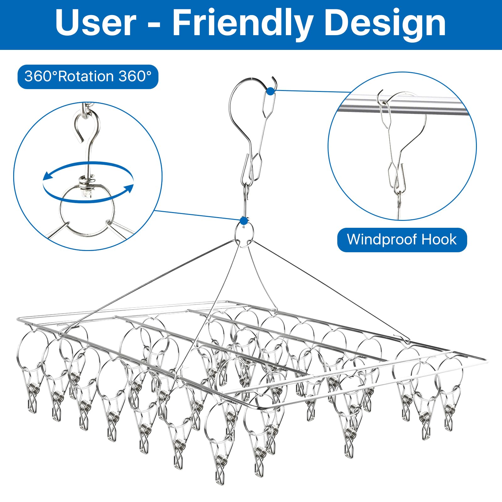 Akamino 4 Pcs Hanging Drying Rack,Stainless Steel Herb Drying Rack with 30 Stainless Clips,Collapsible Swivel Drying Rack Windproof Hook for Drying Herb Air Plants,Flowers,Towel,Bras,Lingerie, Sock