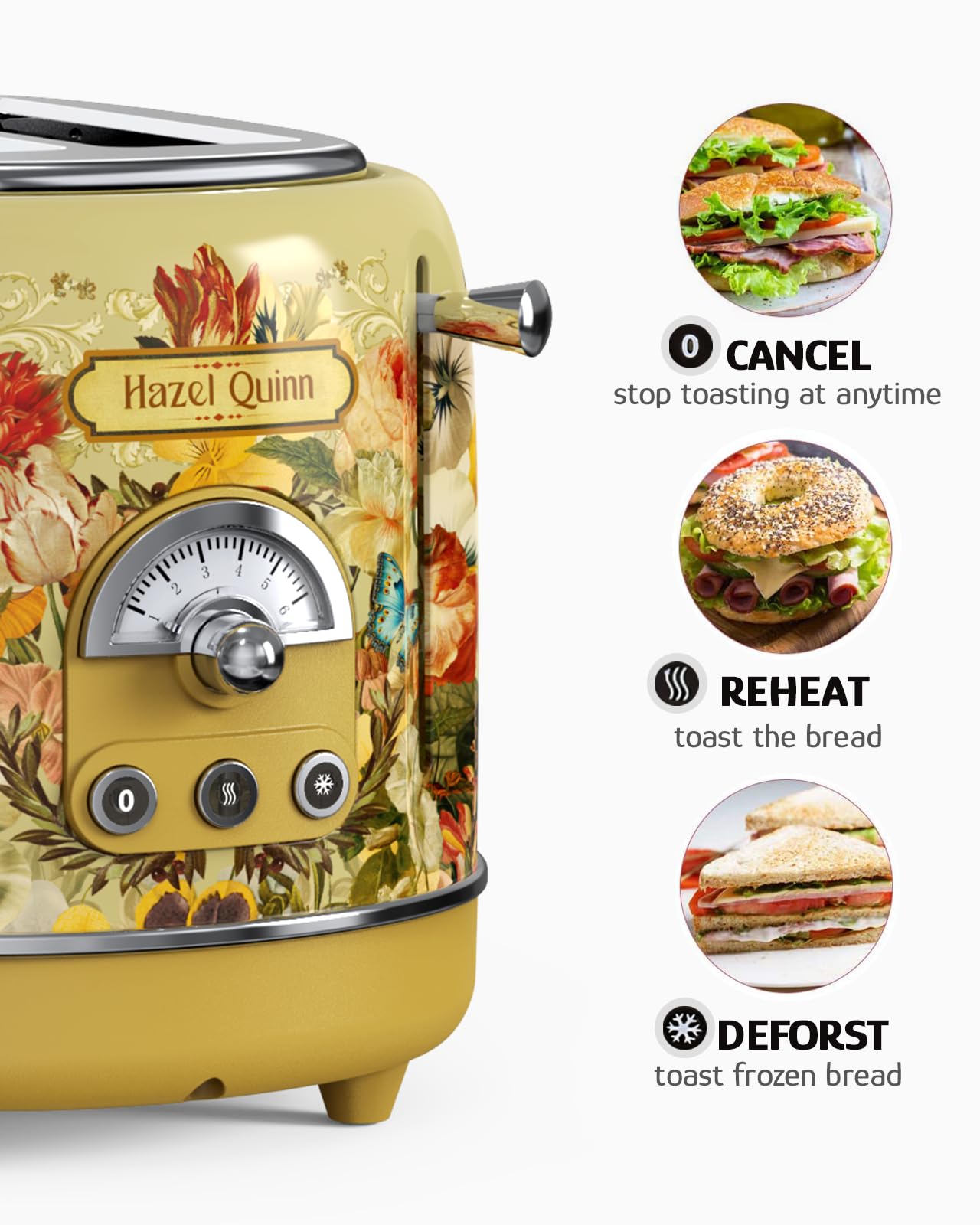 Hazel Quinn X Eduardo Recife Collaboration 2-Slice Retro Toaster, 6 Browning Levels, 3 Functions-Defrost/Reheat/Cancel, Removable Crumb Tray for Easy to Clean, 1.5 Inches Extra Wide Slots